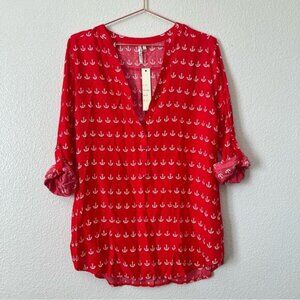 Grand & Greene red white anchor nautical print blouse top roll tab sleeves